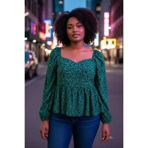 AVA & VIV Women's Plus 1X Green & Black Long Sleeve Peplum Top Sweetheart Neck